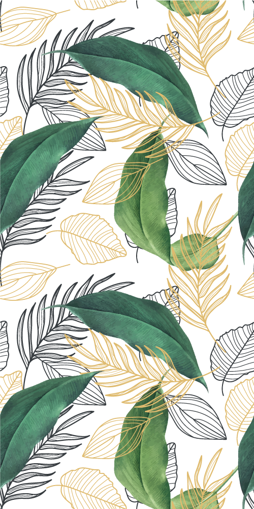 Poster plantas hojas verdes y doradas con dibujos artísticos - TenVinilo