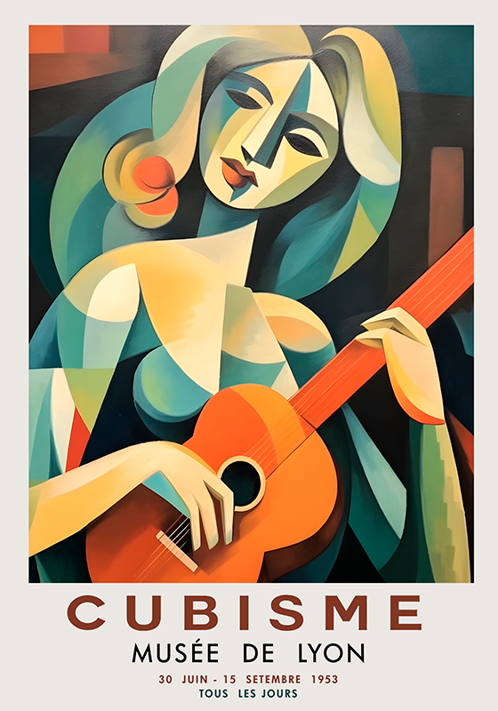 Poster arte retrato cubista de mujer con guitarra - TenVinilo