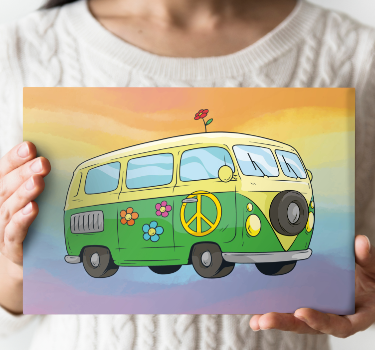 Cuadro vintage Coche hippie de dibujos animados con arco iris - TenVinilo