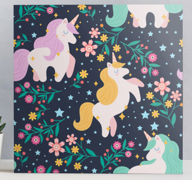Cuadro unicornio Unicornios flores y estrellas - TenVinilo