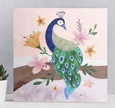 Cuadros de plumas Pavo real con flores - TenVinilo