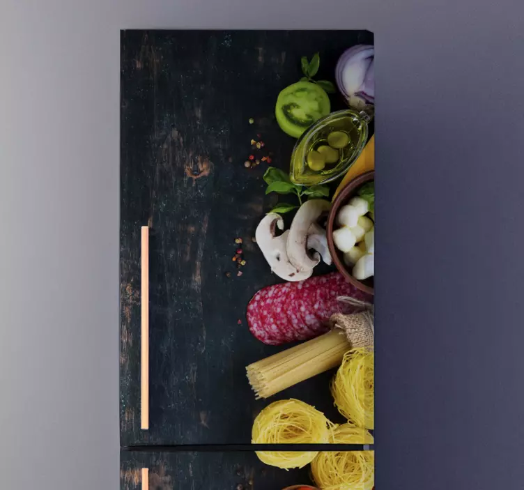 Pegatina para nevera vinilo comida sobre madera - TenVinilo