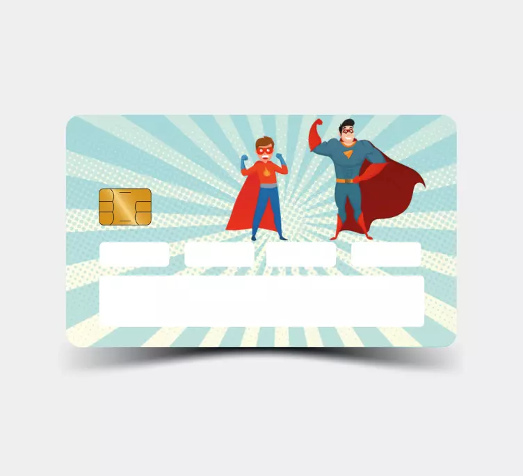 Vinilo tarjeta de crédito Hombre y niño superhéroes diseño retro - TenVinilo