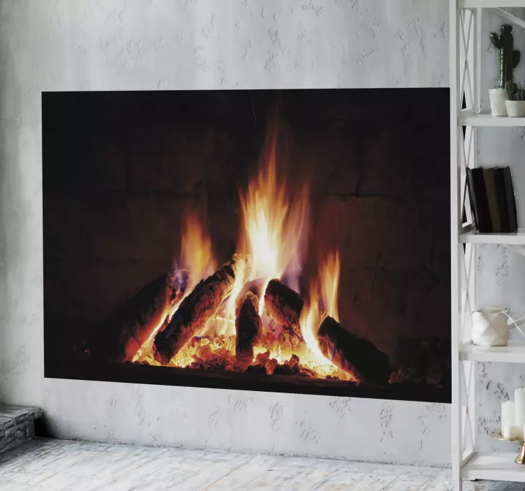Vinilo pared salón 3D chimenea elegante ardiendo - TenVinilo