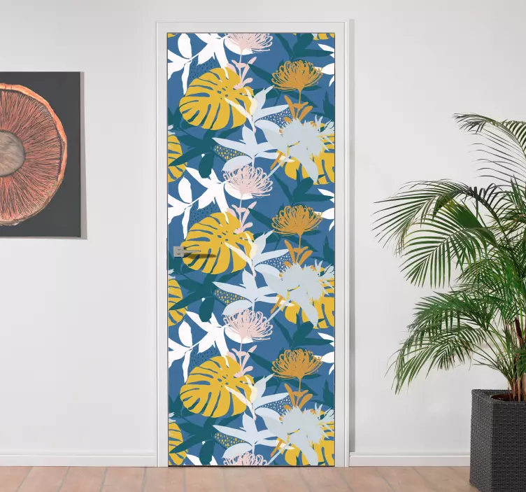 Vinilo decorativo para puerta azul de flores - TenVinilo