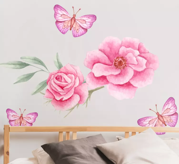 Vinilo flores Rosas rosadas y mariposas - TenVinilo