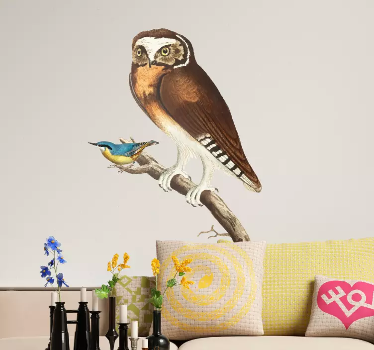 Vinilo pared animal búho en rama  - TenVinilo