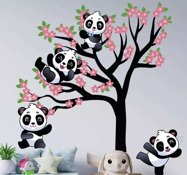 Vinilo Pandas jugando árbol de la primavera - TenVinilo