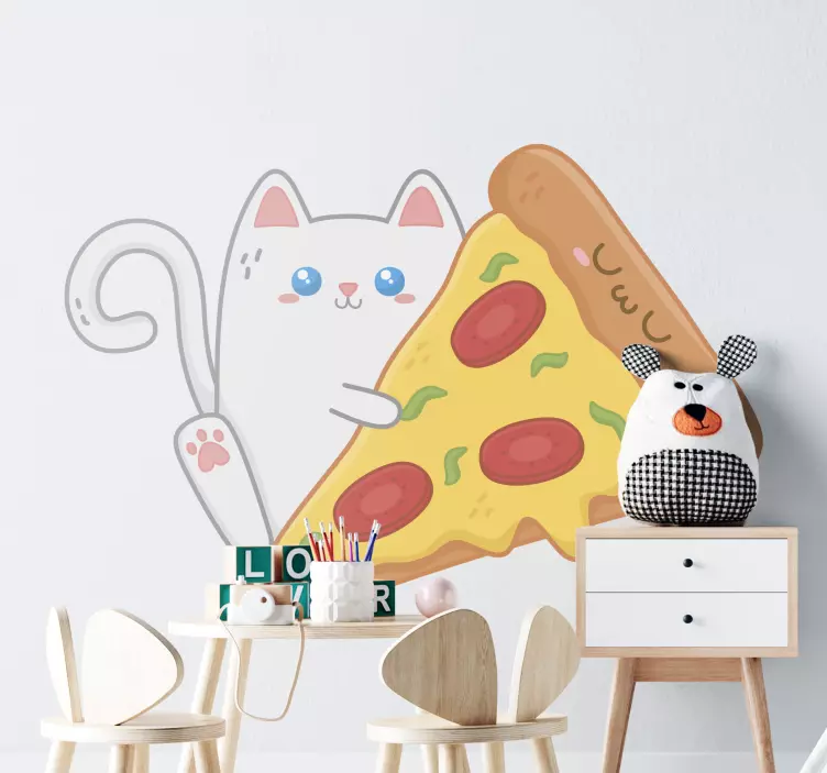 Vinilo ilustración Gato kawaii con pizza - TenVinilo
