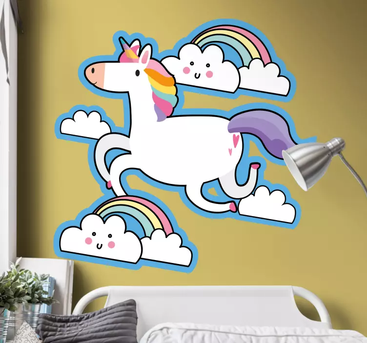 Vinilo ilustración Unicornio azul y rosa con nubes - TenVinilo