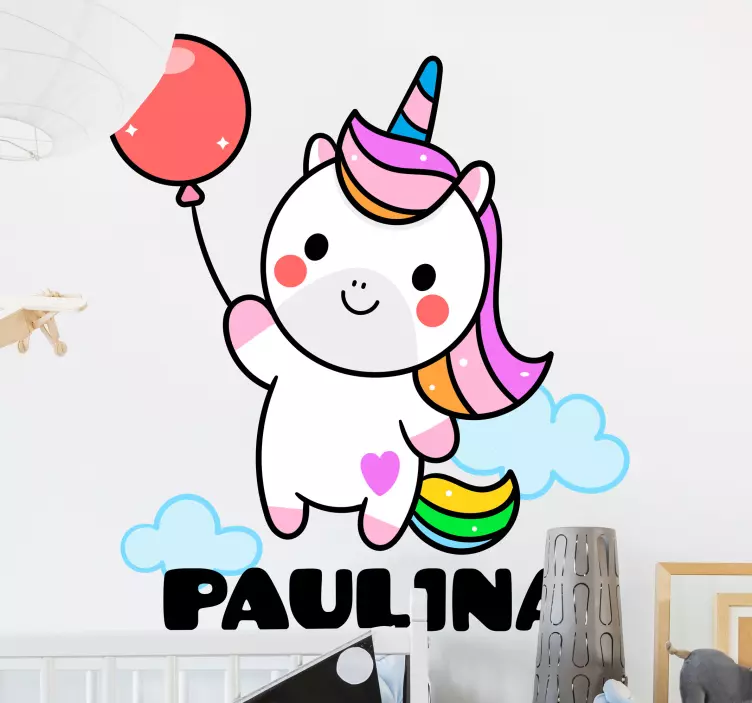 Vinilo personalizable Lindo unicornio con globos - TenVinilo