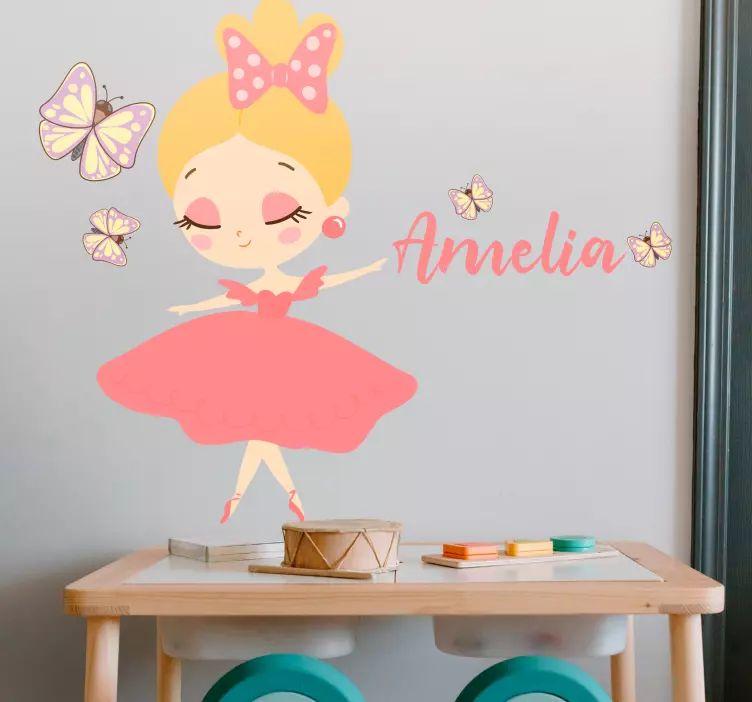 Vinilo personalizable Princesa con vestido rosa y mariposas - TenVinilo