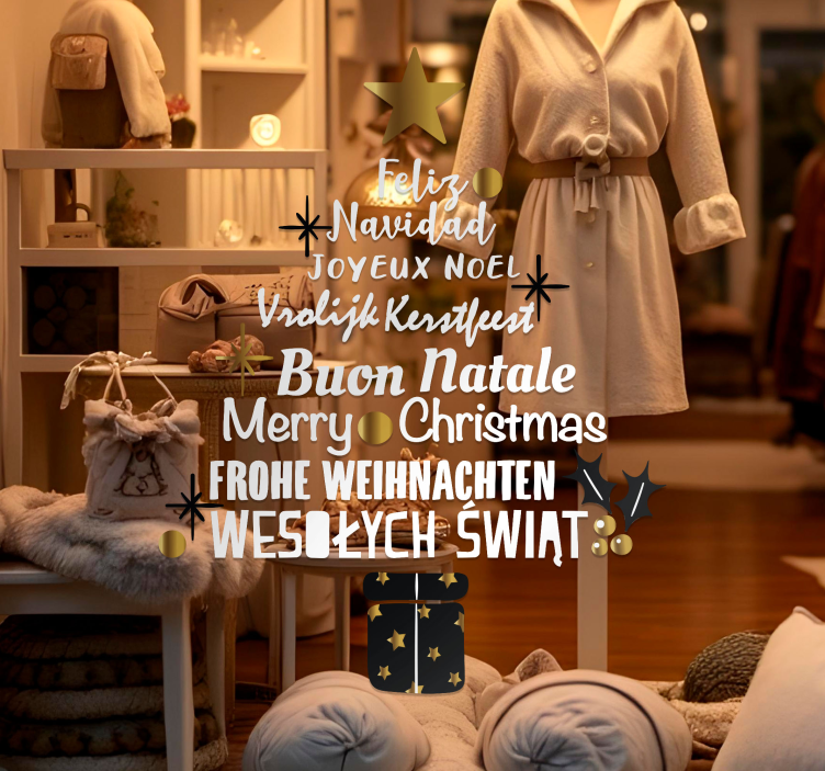 Vinilo escaparate árbol de navidad en diferentes idiomas - TenVinilo