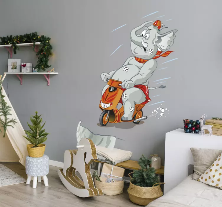 Vinilo infantil elefante en moto - TenVinilo