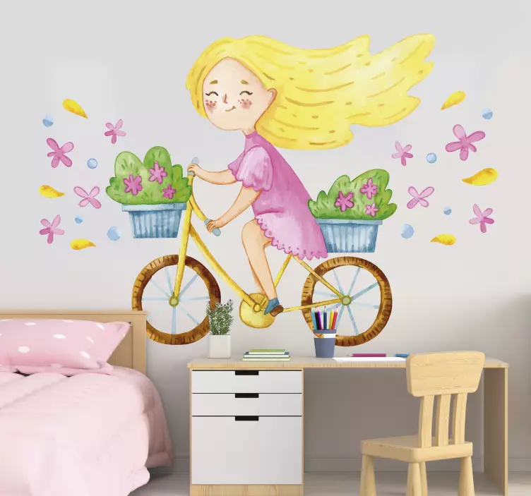 Vinilo infantil niña en bicicleta con flores - TenVinilo