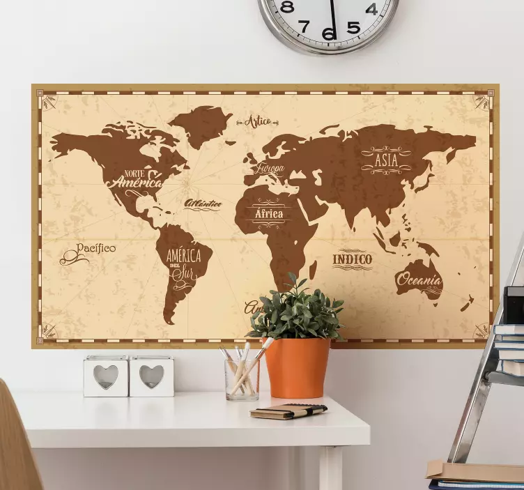 Vinilo mapamundi vintage con nombre continentes - TenVinilo