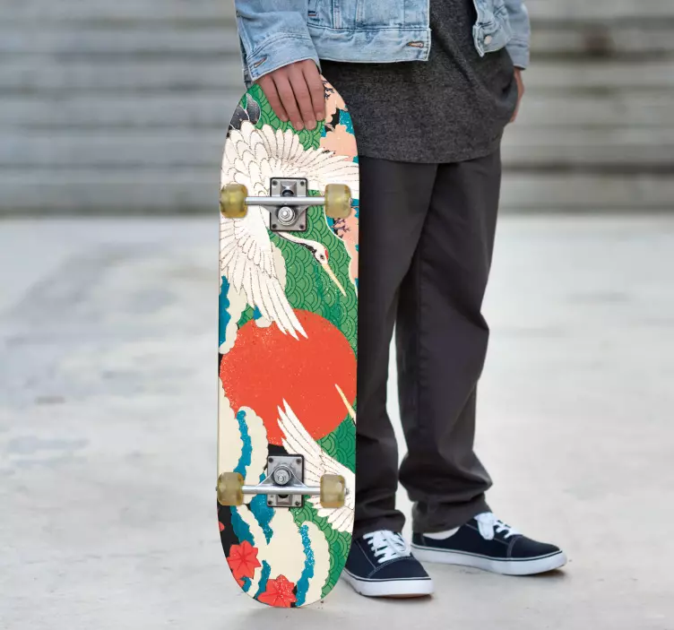 Sticker para patineta grúas bajo el sol naciente - TenVinilo