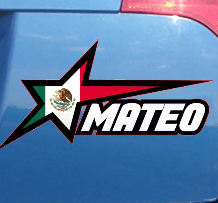 Pegatina para coche Bandera mexicana en estrella y nombre persona - TenVinilo