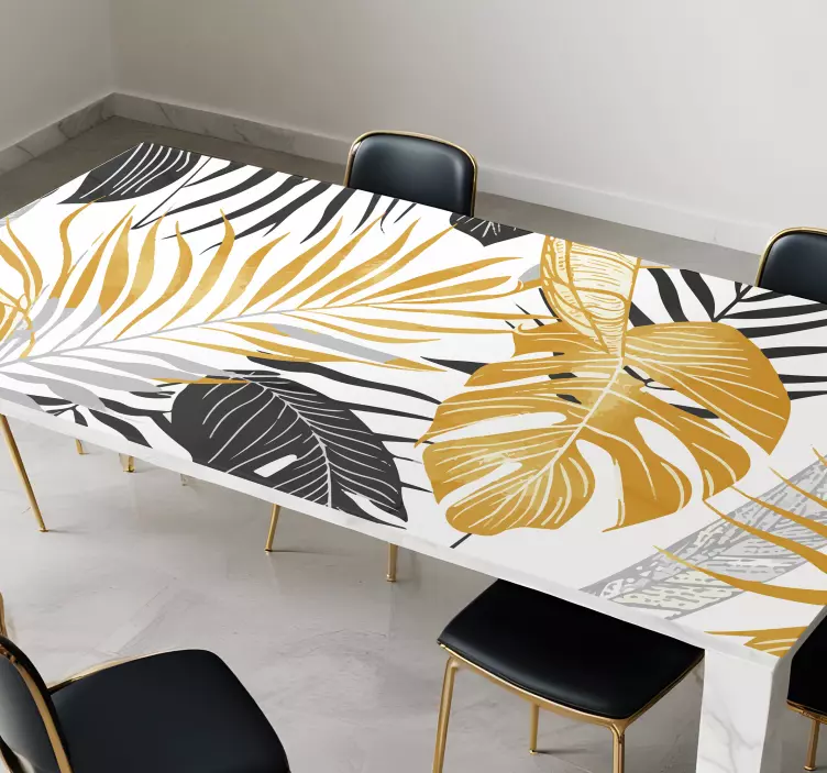 Vinilo para comedor hojas de color gris oscuro y dorado - TenVinilo