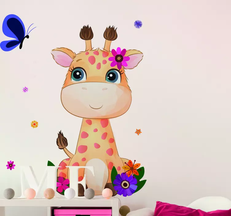 vinilo infantil animales jirafa con flores - TenVinilo