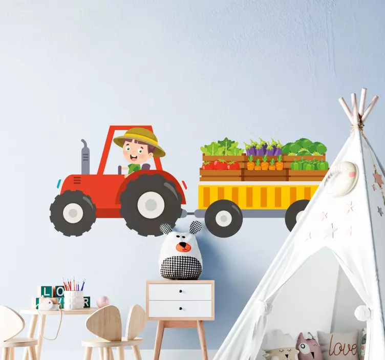Vinilo infantil tractor granjero con fruta - TenVinilo