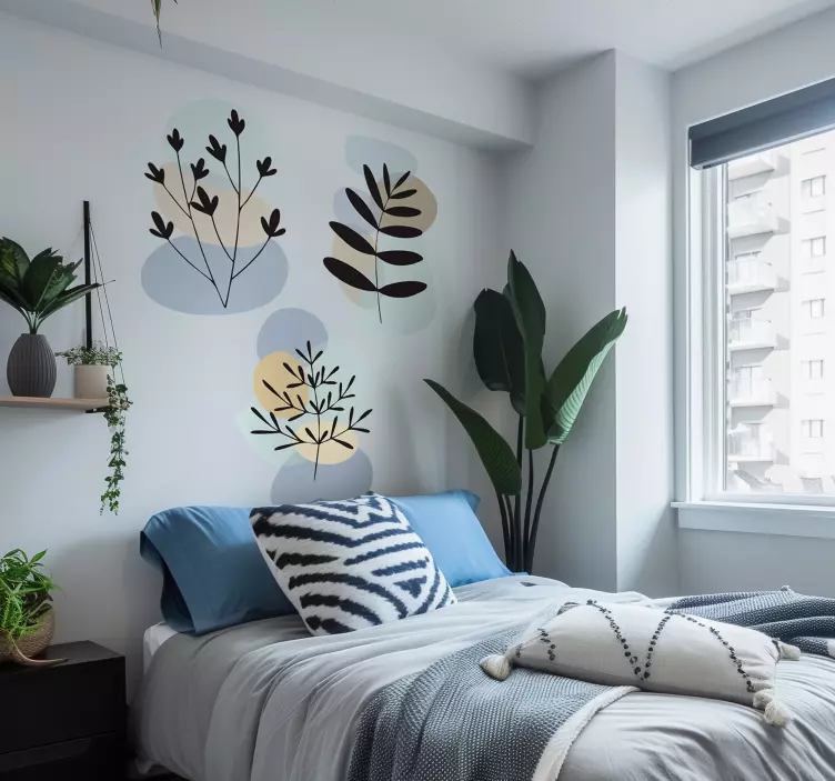 Vinilo pared dormitorio plantas abstractas con círculos - TenVinilo