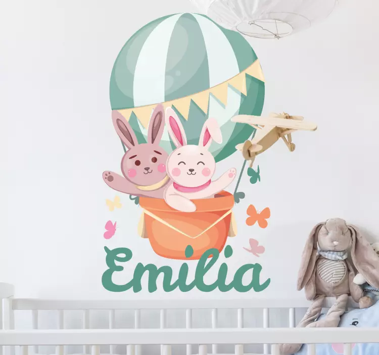 Vinilo pared infantil conejitos personalizados en globo - TenVinilo