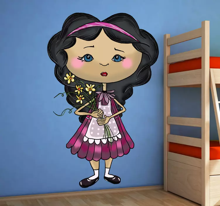 Vinilo pared infantil linda chica sosteniendo flores - TenVinilo