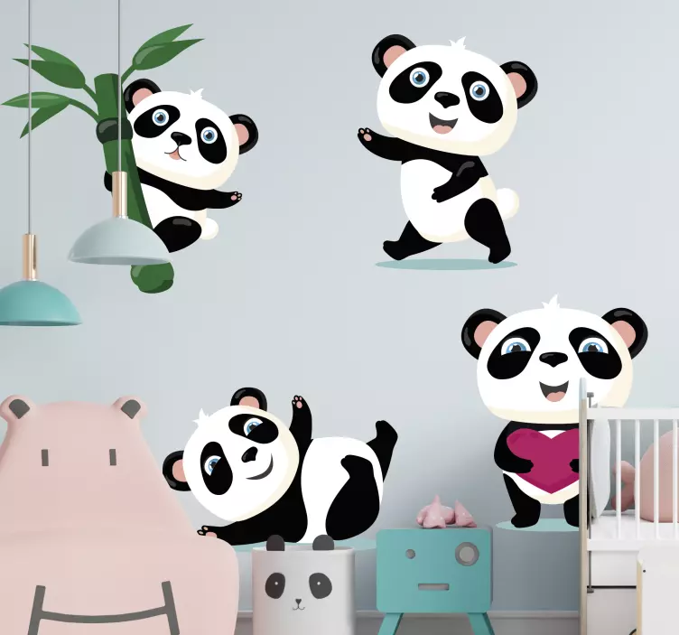 Vinilo pared infantil personajes de panda adorables - TenVinilo
