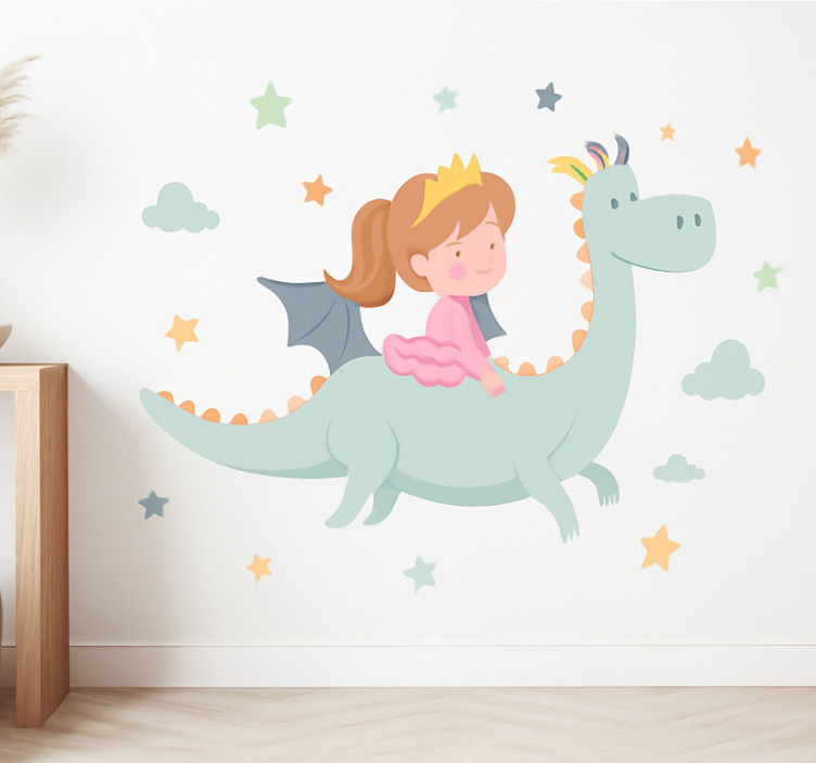 Vinilo pared infantil princesa en un dragón - TenVinilo
