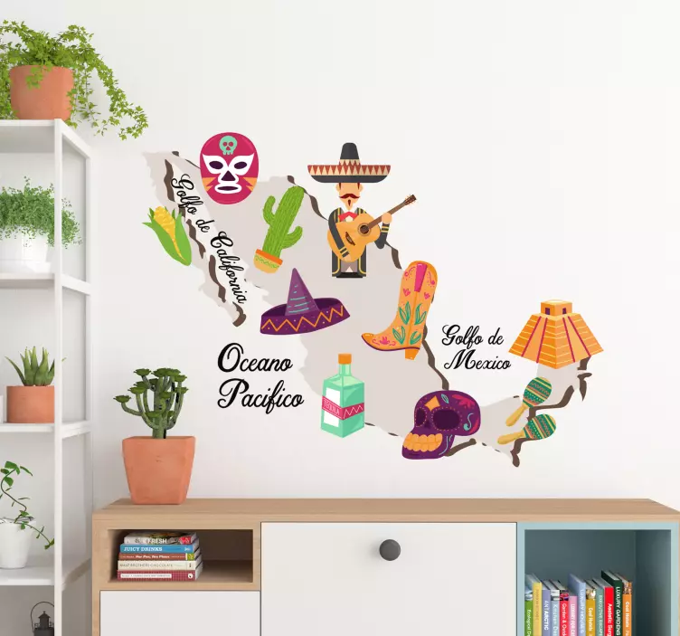 Vinilo pared mapa elementos tradicionales - TenVinilo