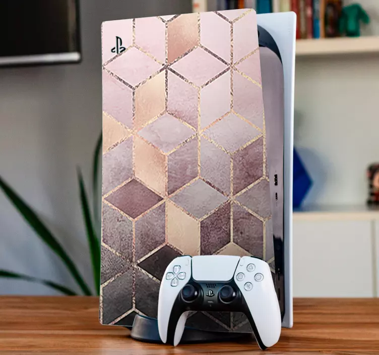 Skin PS5 Patrón de cubo rosa y gris con líneas doradas - TenVinilo