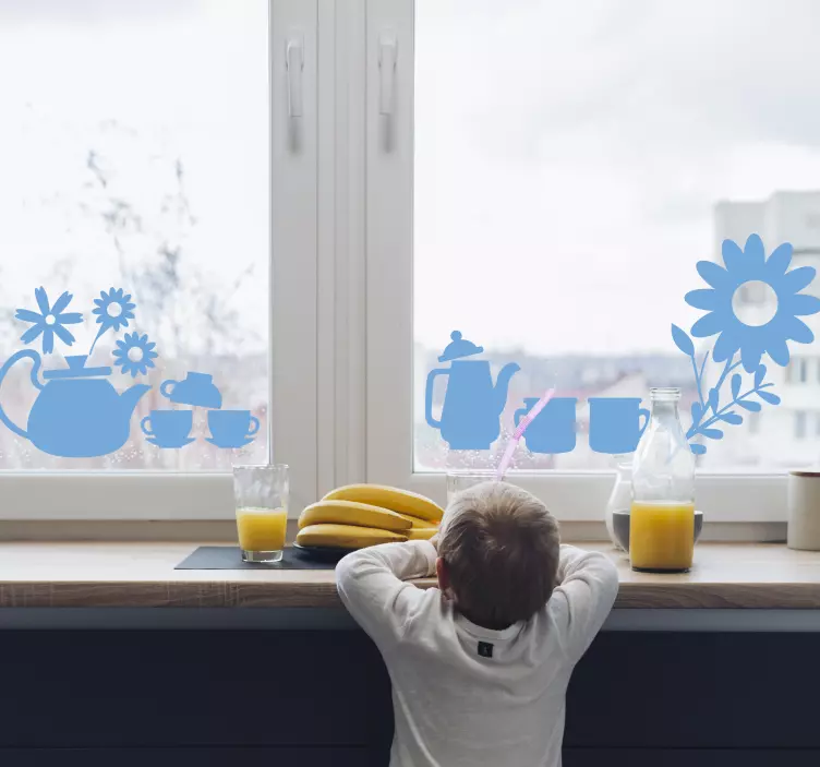 Vinilo para cristal ventana de cocina tetera y flores - TenVinilo