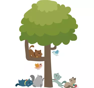 Vinilo animal árbol y cuatro gatos - TenVinilo