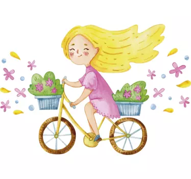 Vinilo infantil niña en bicicleta con flores - TenVinilo