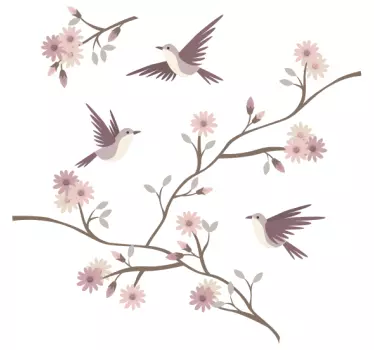 Árbol en vinilo con flores primaverales y pájaros - TenVinilo