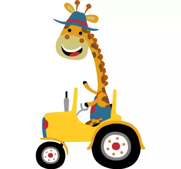 Vinilo para niños jirafa sobre tractor amarillo - TenVinilo