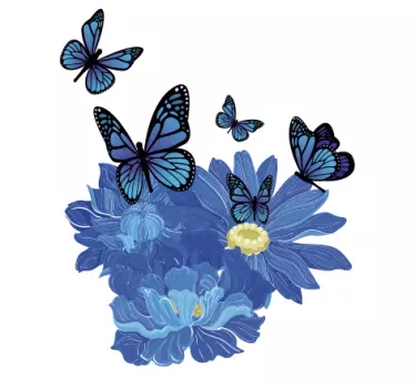 Vinilo de flor Flores de acuarela azul con mariposas - TenVinilo