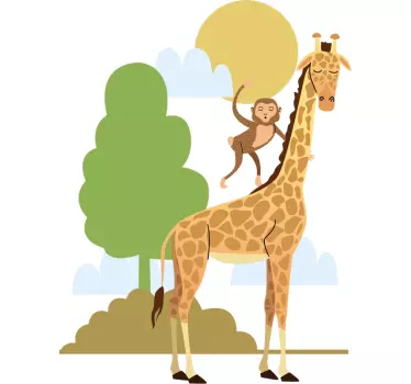 Vinilo decorativo de animal salvaje árbol con jirafas y monos. - TenVinilo