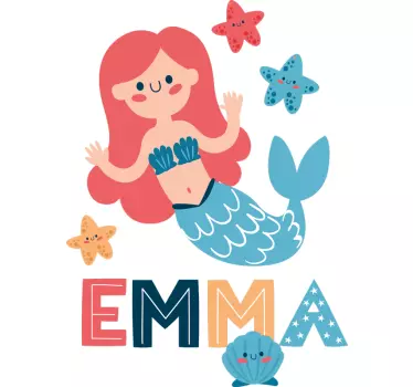 Mural habitación infantil Sirena colorida con nombre - TenVinilo