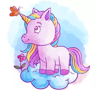 Vinilo infantil unicornio lila con mariposa - TenVinilo