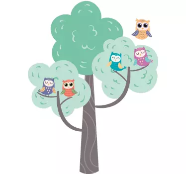 Vinilo pared infantil Árbol de búhos colorido - TenVinilo