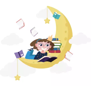 Vinilo pared infantil niña leyendo bajo la luna - TenVinilo