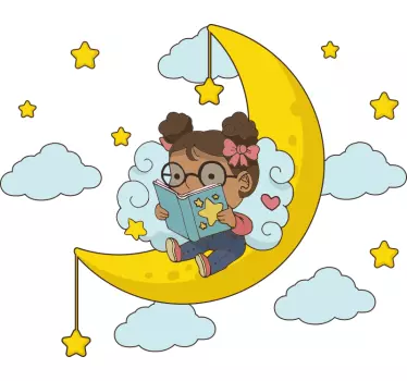 Vinilo pared infantil niño leyendo en la luna - TenVinilo