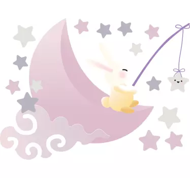 Vinilo decorativo ilustración Conejo en la luna lanzando estrella - TenVinilo