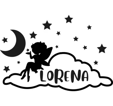 Vinilo decorativo ilustración Hada volando luna en una nube - TenVinilo