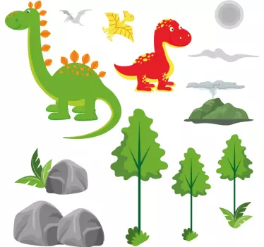 Vinilo pared infantil escena de dinosaurios coloridos - TenVinilo