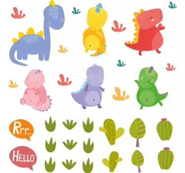 Vinilo pared infantil dinosaurios animados vibrantes - TenVinilo