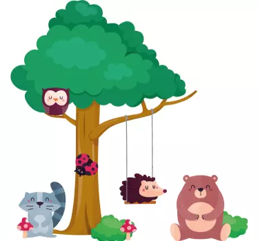 Vinilo para niños nórdico animales en árbol - TenVinilo