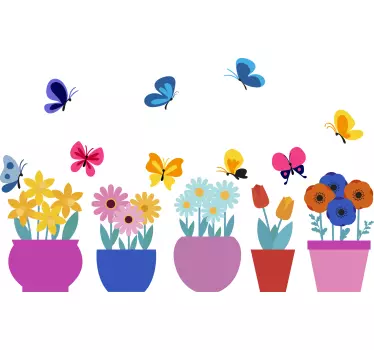 Vinilo de flor Macetas de flores de colores con mariposas - TenVinilo